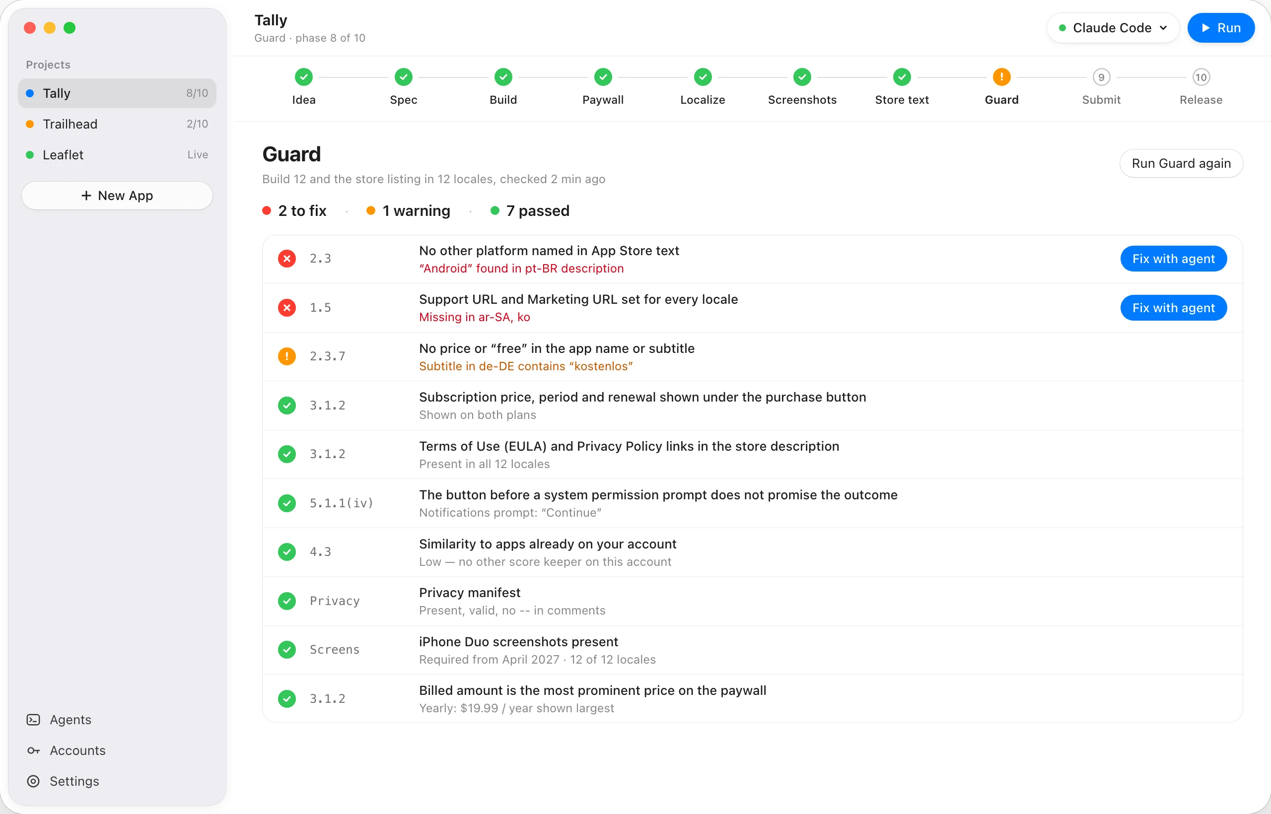 Guard's report for an app: 2 to fix, 1 warning, 7 passed, each check with its App Review guideline number and a Fix with agent button.